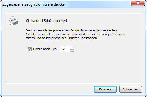 Hier können Sie die bei den Schülern zugewiesenen Zeugnisformulare drucken.
