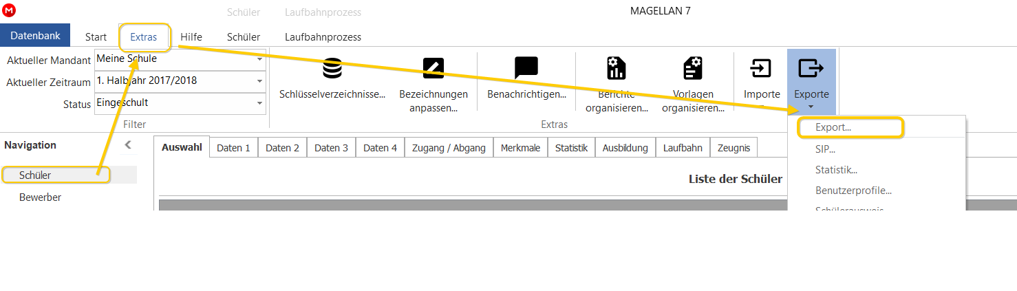 Daten aus Magellan exportieren über `Schüler > Exporte > Export...`