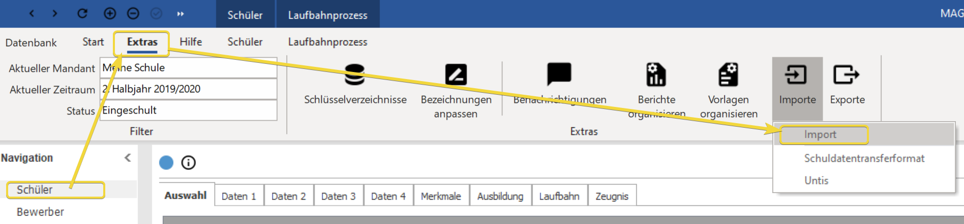 Daten nach Magellan importieren über `Schüler > Importe > Import...`