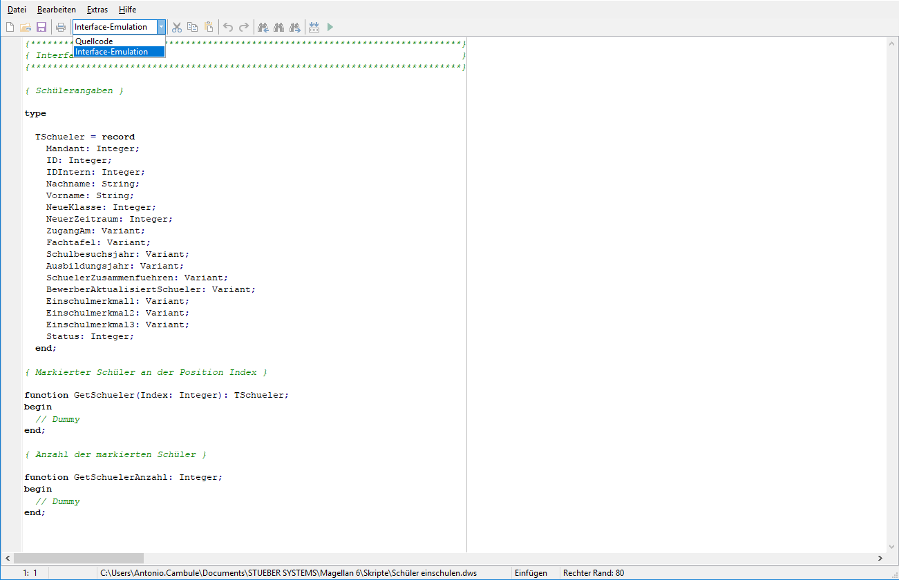 2 Der Skripteditor mit dem Interface-Teil des geöffnetem Skript in der Ansicht “Interface-Emulation“
