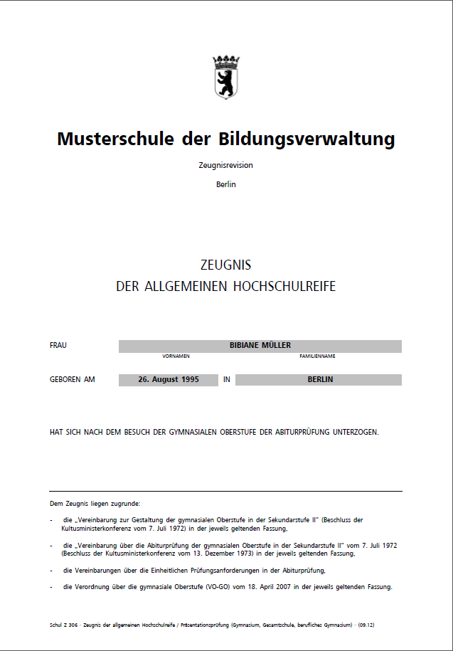 1. Seite eines Crystal Reports Berichts für ein Abiturzeugnis