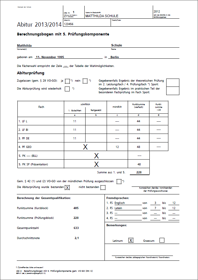 1. Seite des Crystal Reports Berichts für den  Berechnungsbogen mit 5. Prüfungskomponente gem. VO-GO