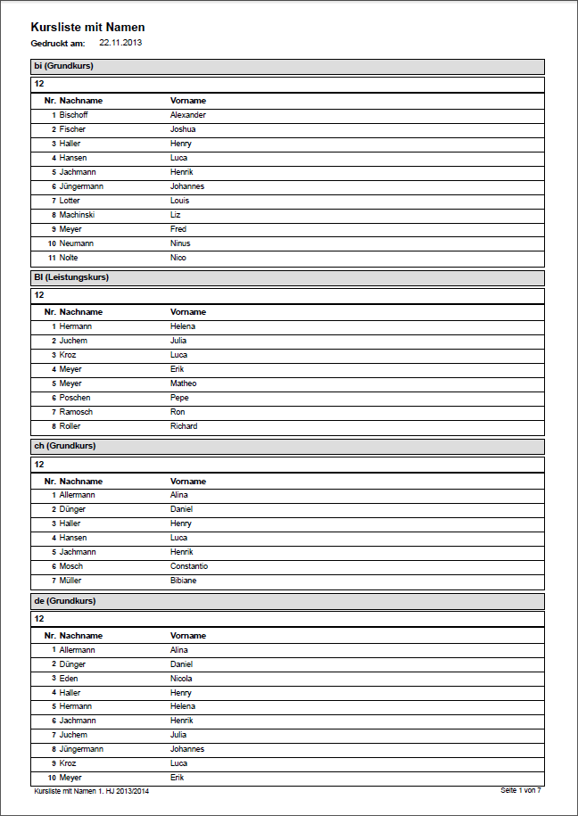 1. Seite eines Crystal Reports Berichts für eine Kursliste 