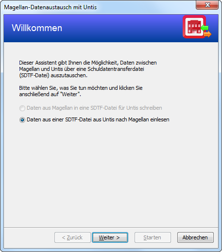 Startansicht des Assistenten für den Magellan-Datenaustausch mit Untis