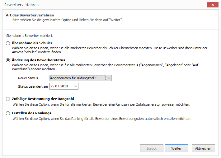 Wählen Sie hier die Option `Änderung des Bewerberstatus`