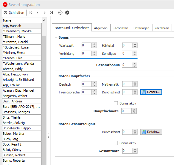 Geben Sie hier die einzelnen Bonusangaben bzw. Noten ein