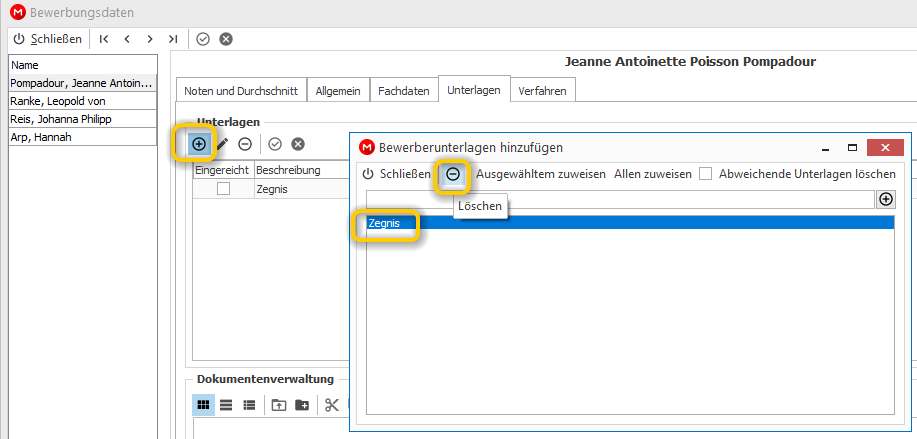 eine Unterlage aus der Liste entfernen