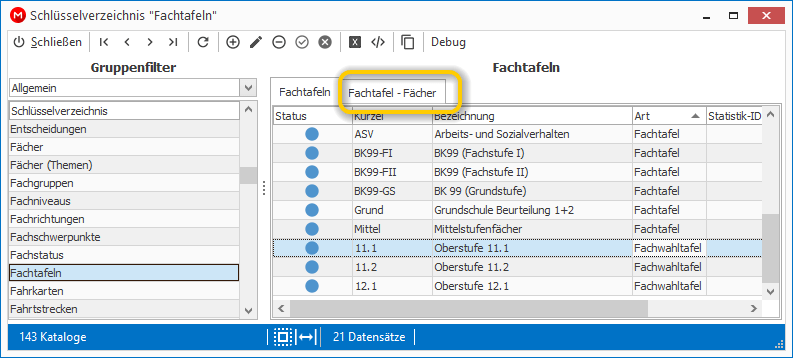 Wechsel auf FachtafelFächer
