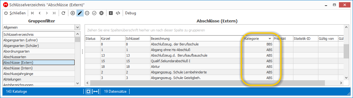Extras > Schlüsselverzeichnisse > Abschlüsse (Extern) > Kategorie 