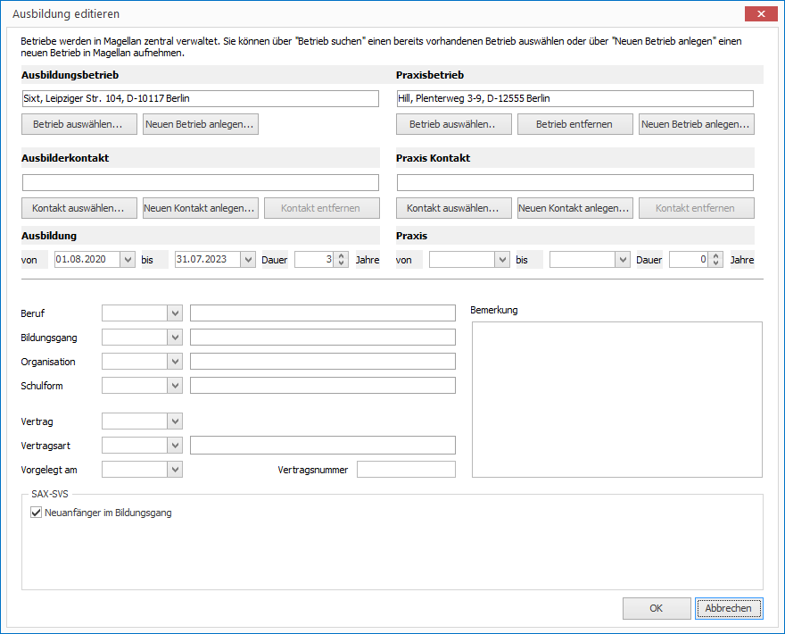 neuer Ausbildungsdatensatz
