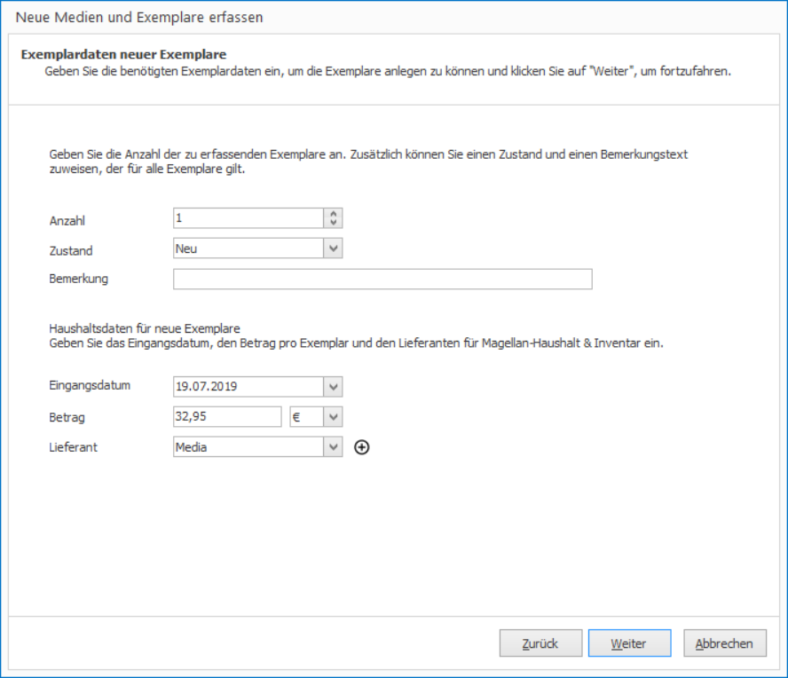 Exemplardaten neuer Exemplare