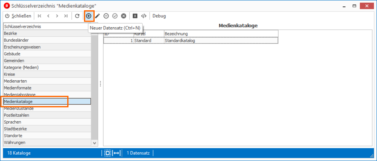 Schlüsselverzeichnis Medienkataloge, neuen Datensatz anlegen