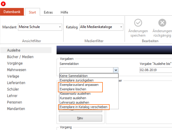Datenmaske `Ausleihe & Rückgabe` > Auswahlfeld `Sammelaktion`