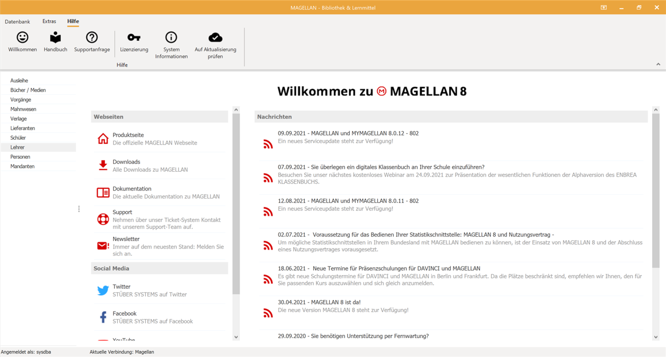 Das Willkommensfenster begrüßt Sie beim ersten Programmstart von Magellan-Bibliothek und verweist Sie auf weiterführende Informationen und Services.