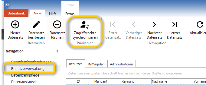 `Magellan Administrator > Benutzerverwaltung > Zugriffsrechte synchronisieren`