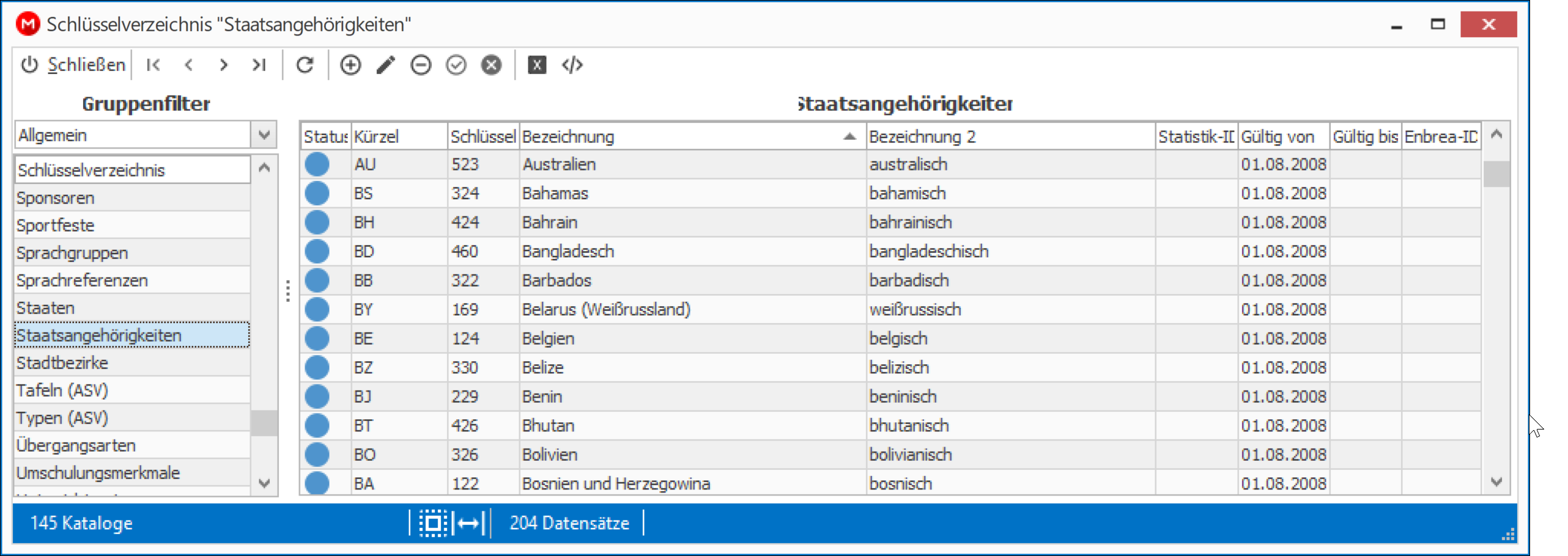Extras > Schlüsselverzeichnisse > Staatsangehörigkeiten