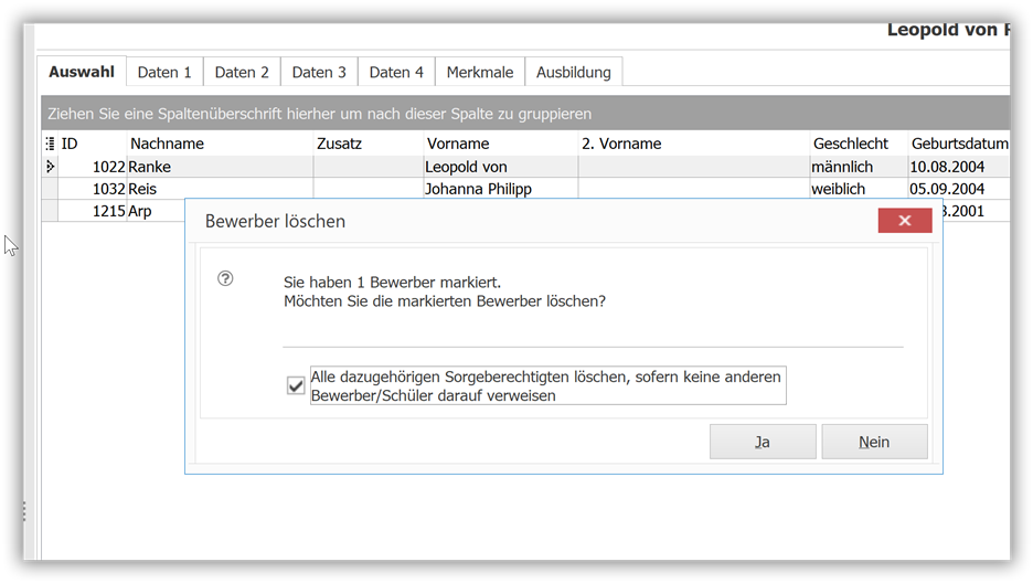  `Sorgeberechtigte optional mitlöschen`
