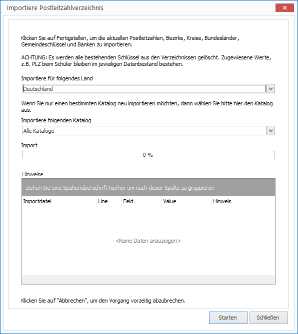 Importassistent für Postleitzahlen