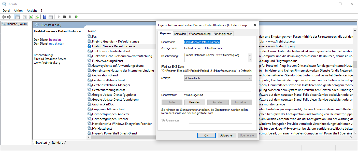 Firebird Server Einstellungen