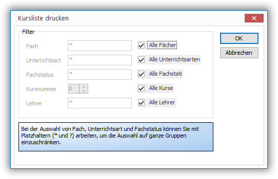 Stellen Sie hier die gewünschten Filter ein. Klicken Sie dann auf OK und wählen Sie den gewünschten Bericht zum Druck aus.