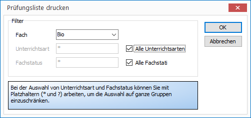 Stellen Sie hier die gewünschten Filter für die Prüfungsliste ein. Klicken Sie dann auf OK und wählen Sie den gewünschten Bericht zum Druck aus.