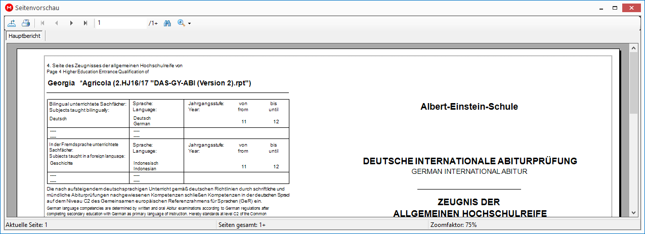 Zeugnis in der Seitenvorschau