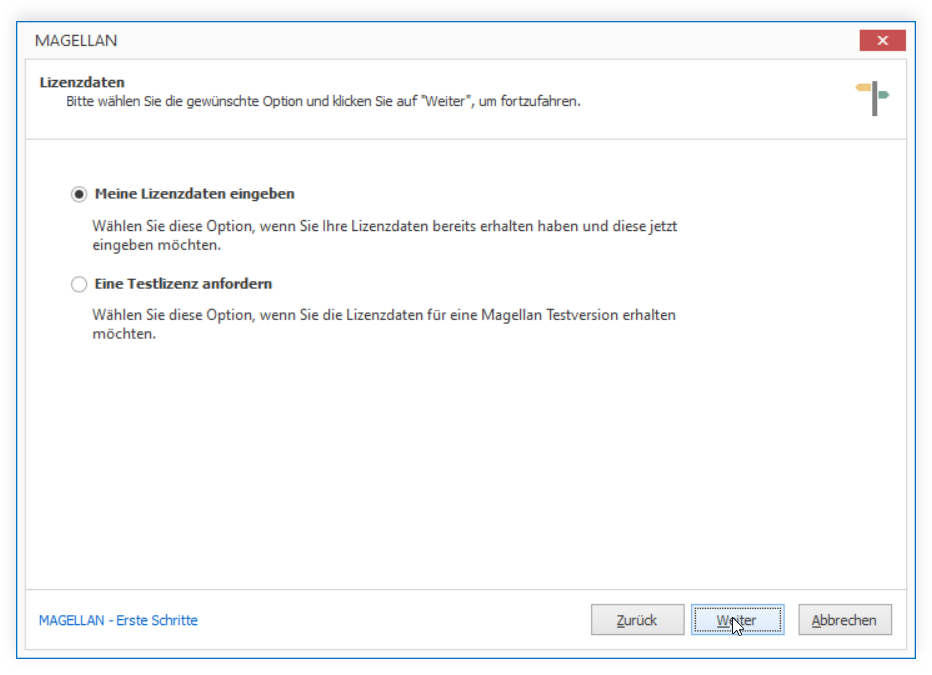 Wahl zwischen Vollversion und Testlizenz