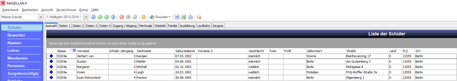 Schülerjahrgang in der Auswahlliste von Magellan 
