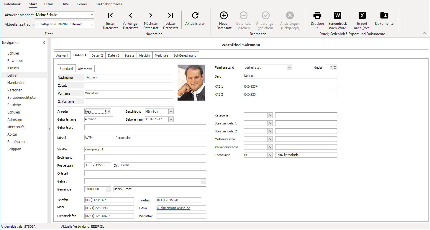 Ansicht `Lehrer`, Registerkarte `Daten 1`