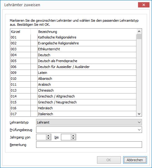 Ansicht `Lehrer`, Registerkarte `Daten 3`, Lehrämter hinzufügen