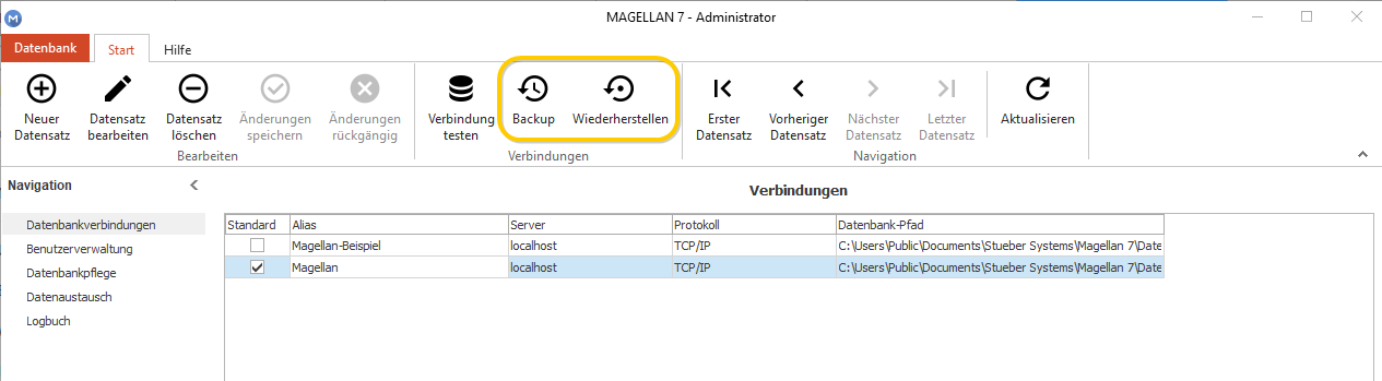 Schaltflächen zum Erstellen eines Backups oder dem Wiederherstellen einer Sicherung