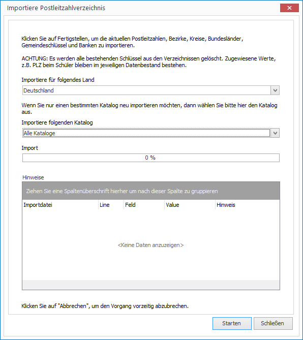 Das Fenster `Importiere Postleitzahlen`