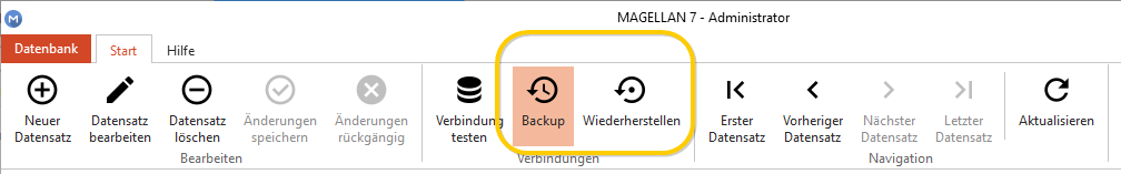 Schaltflächen zum Erstellen eines Backups oder dem Wiederherstellen einer Sicherung