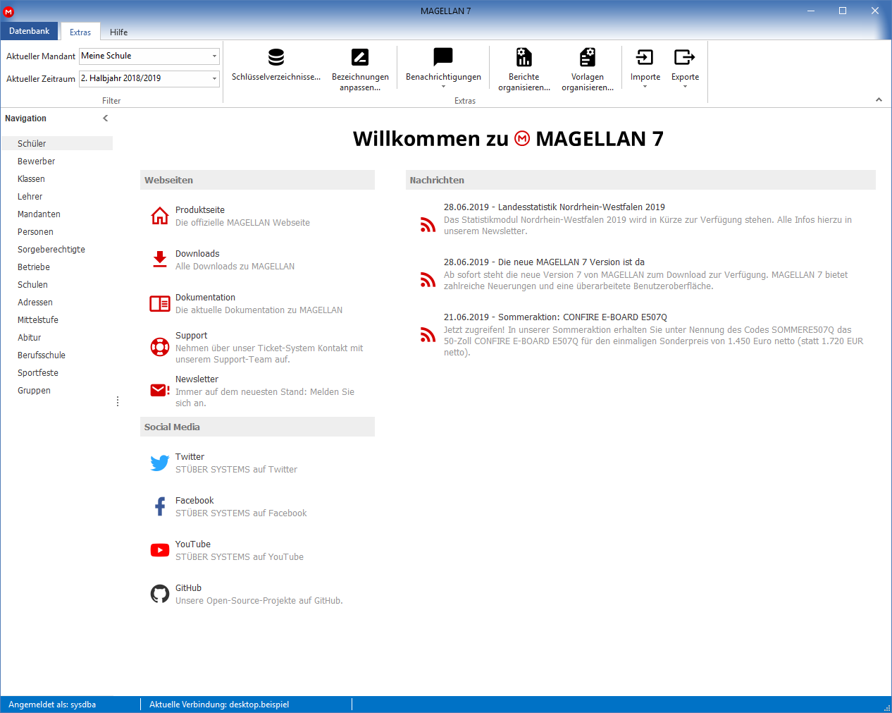 Willkommenseite mit Nachrichten