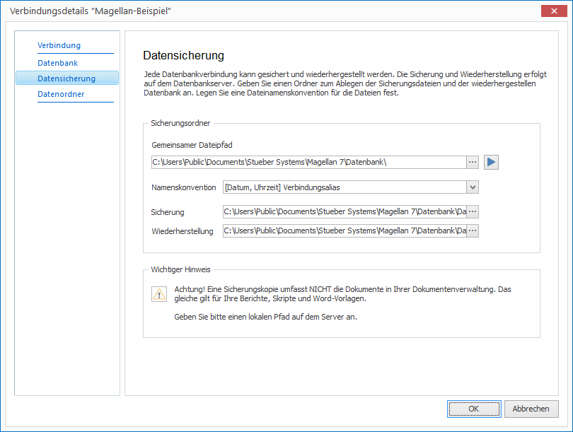Voreinstellungen zur Datensicherung pro Verbindung