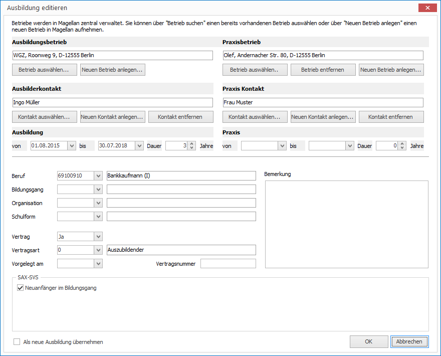 neuer Ausbildungsdatensatz