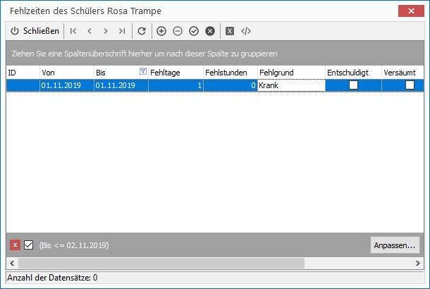 Fehlzeitenfenster, aufrufbar in der Schülerauswahlliste mit STRG+F