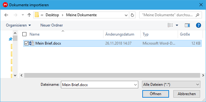 Dialog „Dokumente importieren“