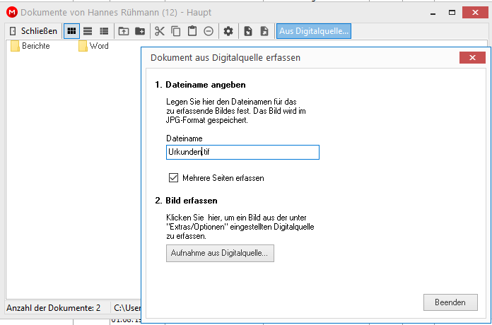 Hier können Sie ein Dokument aus einer Digitalquelle erfassen