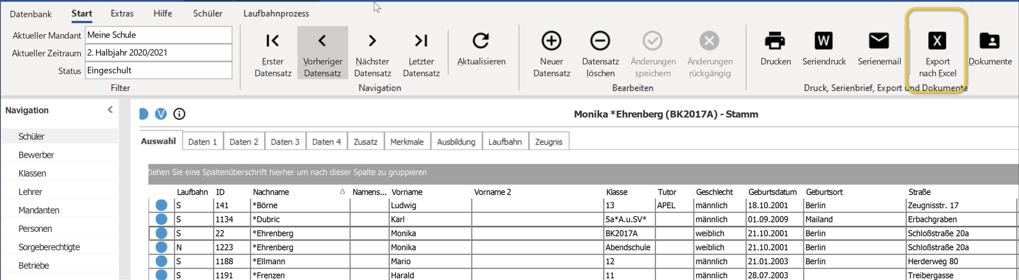 Rufen Sie den Excelexport auf!