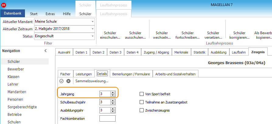 Das Feld Jahrgänge vermerkt den schülerindividuellen Jahrgang