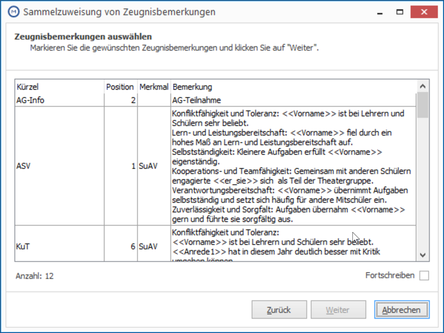 Wählen Sie hier die Zeugnisbemerkung(en) aus