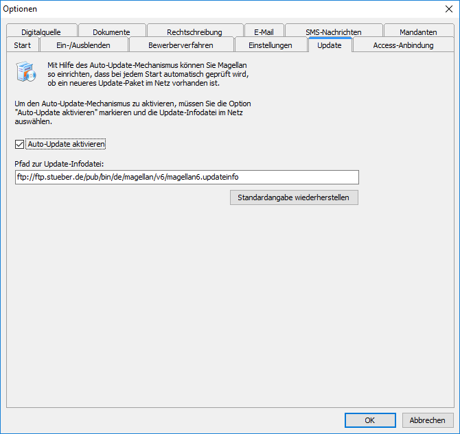 Die Karte `Update `unter `MAGELLAN > Extras > Optionen`