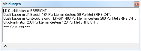 Das Meldungsfenster mit Information nach Ausführung der Vorschlagsautomatik.