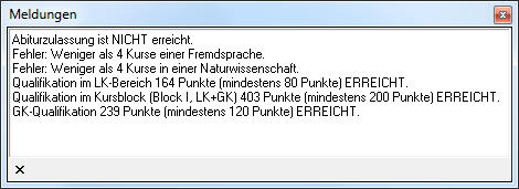 Meldungsfenster mit Fehlermeldungen zur Abiturzulassung