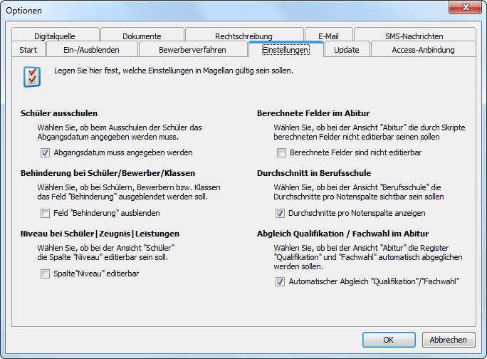Die Einstellung der Option „Automatischer Abgleich Qualifikation/Fachwahl“ im Dialogfenster „Optionen“