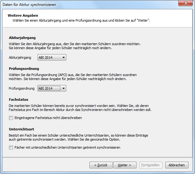 Weitere Angaben im Dialogfenster zum Synchronisieren der Daten in die Ansicht „Abitur“