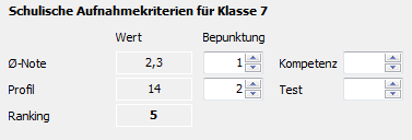 In diesem Block der Maske „Sekundarstufe I“ in der Ansicht „Bewerber“ können Sie die Einstellungen zur Aufnahme für Klasse 7 verwenden.