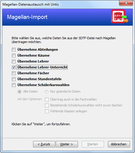 Die Übernahme des Lehrer-Unterrichts aus Untis nach MAGELLAN ist aktiviert.