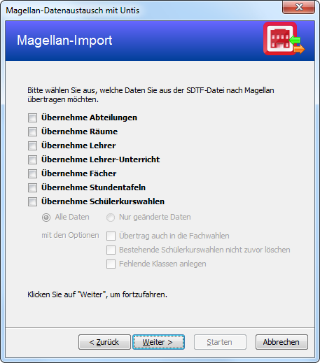 Sie müssen jetzt festlegen, was Sie importieren wollen.